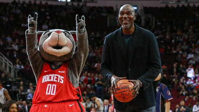 Houston Rockets former player and NBA Hall of Fame member Hakeem Olajuwon attempts a ceremonial free throw before a game against the San Antonio Spurs at Toyota Center.