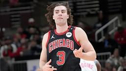 Chicago Bulls guard Josh Giddey (3) gestures after making a three point basket against the Miami Heat during the second half at United Center.
