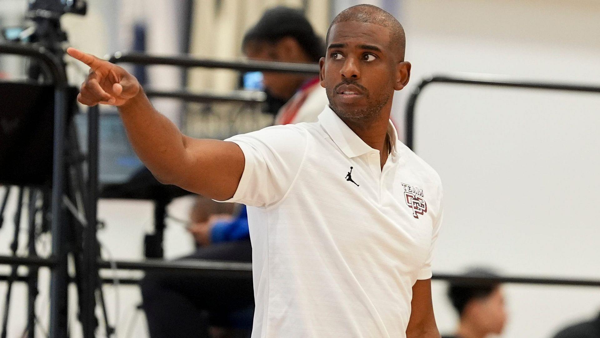NBA player Chris Paul looks on as Team CP3 plays a game against Nightrydas at Nike EYBL at the Memphis Sports & Events Center on Saturday, May 17, 2025.