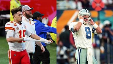 Kansas City Chiefs quarterback Patrick Mahomes (15) walks off the field after losing against the Philadelphia Eagles in Super Bowl LIX and Dallas Cowboys quarterback Troy Aikman (8) reacts on the field against the Pittsburgh Steelers during Super Bowl XXX at Sun Devil Stadium.
