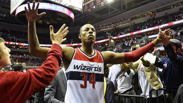 Washington Wizards forward Paul Pierce (34) comes off the court following Game 3 of Round 1 of the Eastern Conference Quarterfinals at the Verizon Center in Washington, D.C.