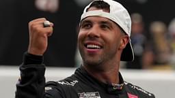 NASCAR Cup Series driver Bubba Wallace (23) reacts as he kisses the bricks Sunday, July 27, 2025, after winning the Brickyard 400 at Indianapolis Motor Speedway.