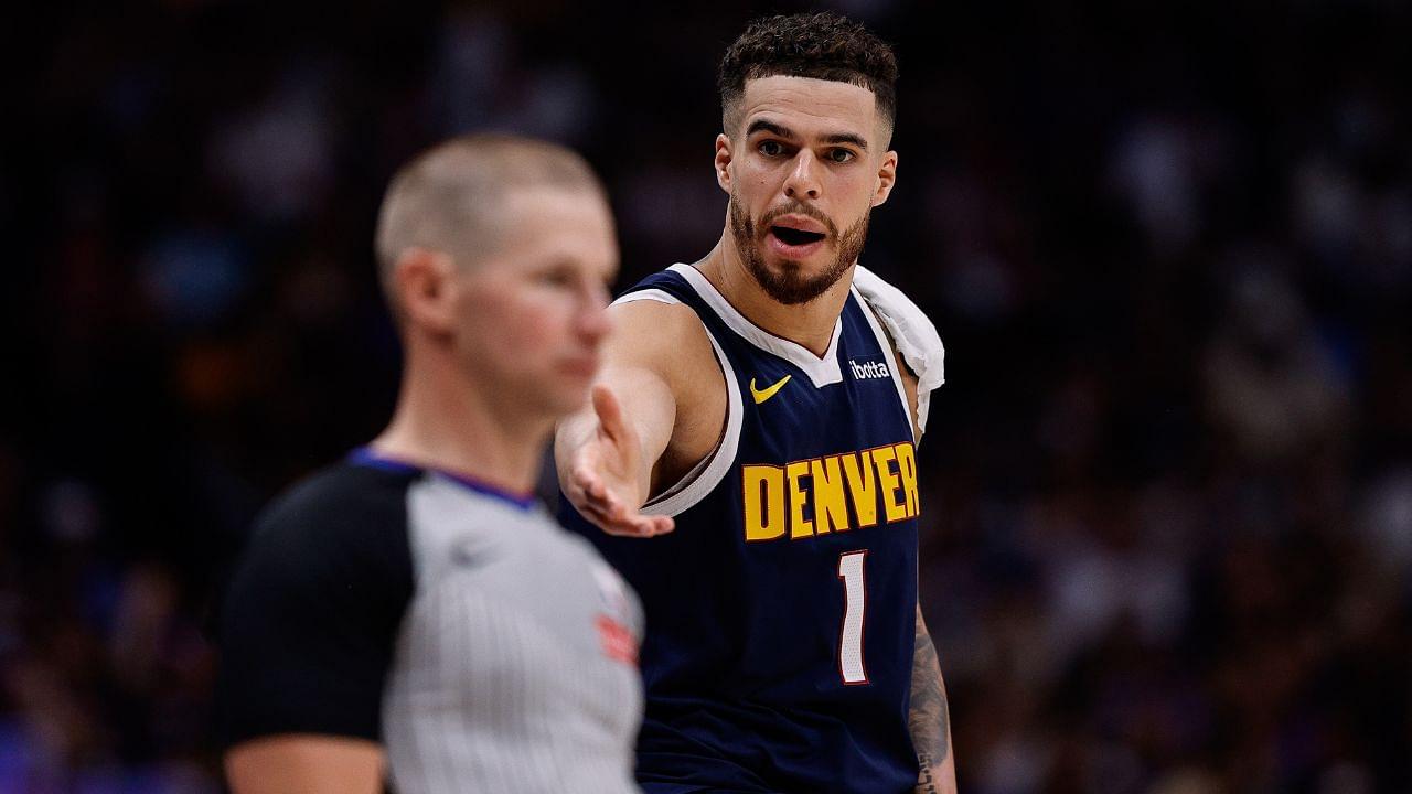 Denver Nuggets forward Michael Porter Jr. (1) gestures to referee Tyler Ford in the second quarter against the Oklahoma City Thunder during game four of the second round of the 2025 NBA Playoffs at Ball Arena.