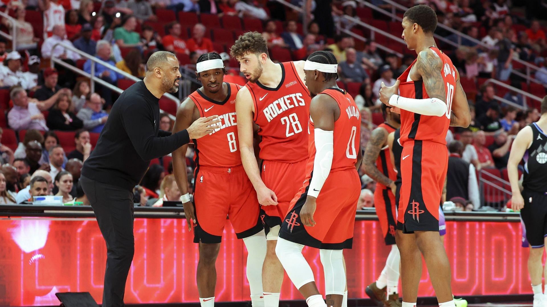 Apr 2, 2025; Houston, Texas, USA; Houston Rockets head coach Ime Udoka talks with players during the fourth quarter against the Utah Jazz at Toyota Center