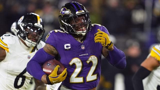 Jan 11, 2025; Baltimore, Maryland, USA; Baltimore Ravens running back Derrick Henry (22) runs to score a touchdown against the Pittsburgh Steelers in the third quarter in an AFC wild card game at M&T Bank Stadium.