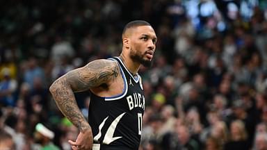 Milwaukee Bucks guard Damian Lillard (0) looks on in the first quarter during game four against the Indiana Pacers of first round for the 2024 NBA Playoffs at Fiserv Forum. Lillard left the game early in the in the first quarter with an injury.
