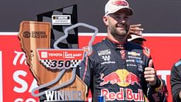 NASCAR Cup Series driver Shane van Gisbergen (88) celebrates after inning the NASCAR Toyota / Save Mart 350 at Sonoma Raceway.