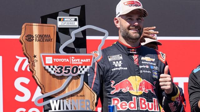 NASCAR Cup Series driver Shane van Gisbergen (88) celebrates after inning the NASCAR Toyota / Save Mart 350 at Sonoma Raceway.