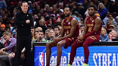 Cleveland Cavaliers forward Evan Mobley (4) and guard Donovan Mitchell (45) wait along side head coach Kenny Atkinson to enter the game during the first half against the New York Knicks at Rocket Arena.