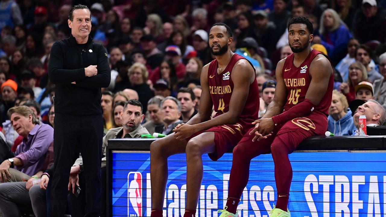Cleveland Cavaliers forward Evan Mobley (4) and guard Donovan Mitchell (45) wait along side head coach Kenny Atkinson to enter the game during the first half against the New York Knicks at Rocket Arena.