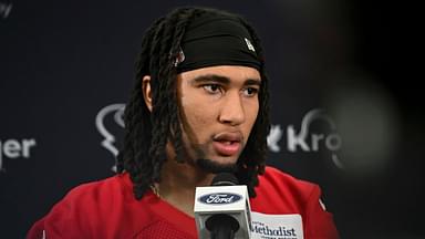 Houston Texans quarterback C.J. Stroud speaks at a press conference after an NFL football minicamp at NRG Stadium.