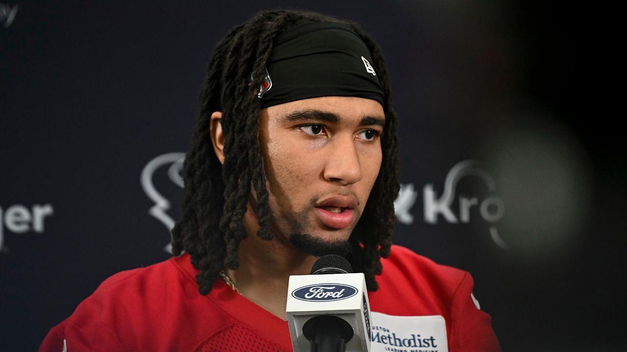 Houston Texans quarterback C.J. Stroud speaks at a press conference after an NFL football minicamp at NRG Stadium.