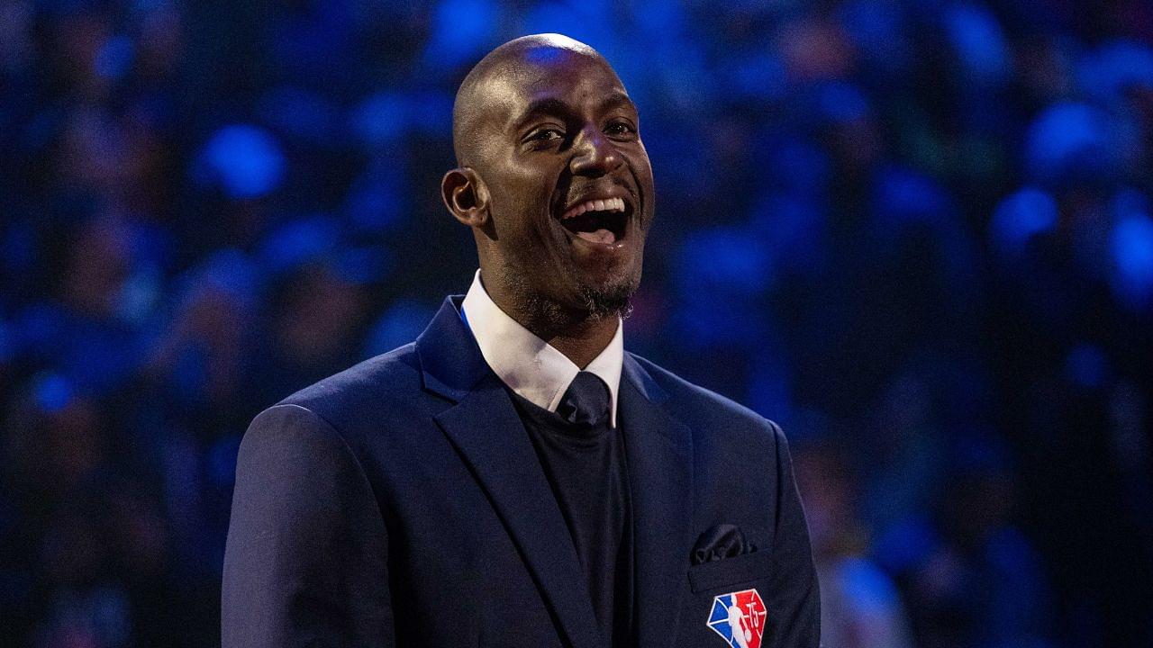 NBA great Kevin Garnett is honored for being selected to the NBA 75th Anniversary Team during halftime in the 2022 NBA All-Star Game at Rocket Mortgage FieldHouse.