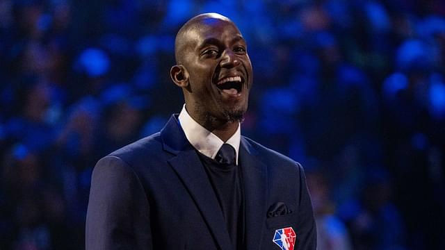 NBA great Kevin Garnett is honored for being selected to the NBA 75th Anniversary Team during halftime in the 2022 NBA All-Star Game at Rocket Mortgage FieldHouse.