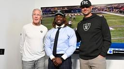 Las Vegas Raiders head coach Pete Carroll, Ashton Jeanty and general manager John Spytek pose after a news conference introducing Jeanty as the first round draft pick in the 2025 NFL Draft at Intermountain Health Performance Center.