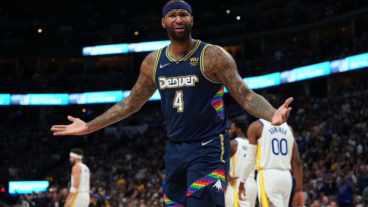 Denver Nuggets center DeMarcus Cousins (4) reacts to a foul in the second quarter against the Golden State Warriors of the first round for the 2022 NBA playoffs at Ball Arena.