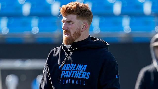 Dec 22, 2024; Charlotte, North Carolina, USA; Carolina Panthers quarterback Andy Dalton (14) during pregame warmups against the Arizona Cardinals at Bank of America Stadium.