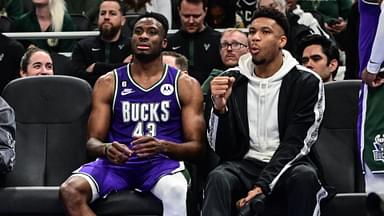 Apr 7, 2023; Milwaukee, Wisconsin, USA; Milwaukee Bucks forward Giannis Antetokounmpo (34) sits with his brother forward Thanasis Antetokounmpo (43) in the fourth quarter during game against the Memphis Grizzlies at Fiserv Forum.