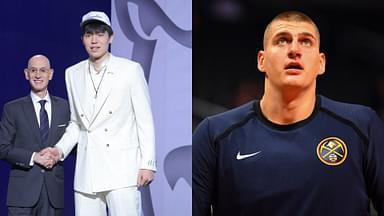 Yang Hansen with Adam Silver (L) and Nikola Jokic (R)