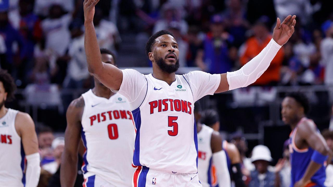 Detroit Pistons guard Malik Beasley (5) fires up the crowd in the first half against the New York Knicks during game six of first round for the 2024 NBA Playoffs at Little Caesars Arena