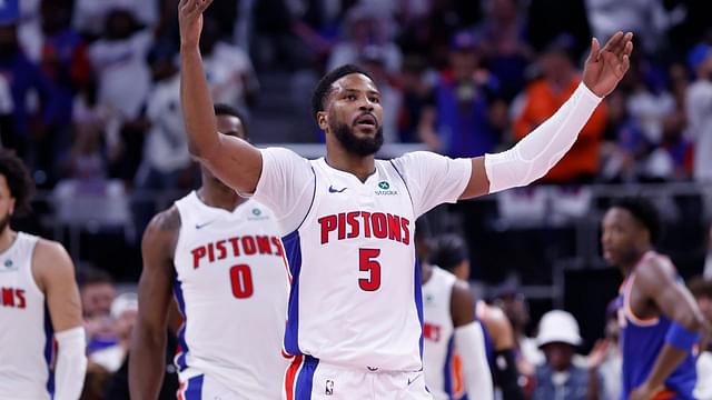Detroit Pistons guard Malik Beasley (5) fires up the crowd in the first half against the New York Knicks during game six of first round for the 2024 NBA Playoffs at Little Caesars Arena