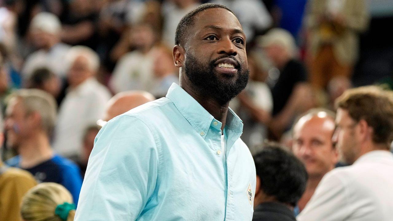 Dwyane Wade looks on at halftime between France and Canada in a men’s basketball quarterfinal game during the Paris 2024 Olympic Summer Games at Accor Arena.