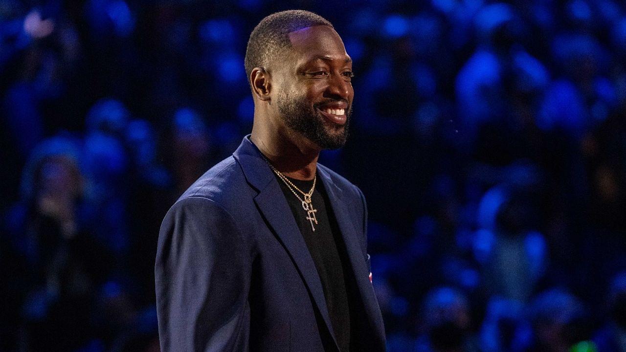 NBA great Dwyane Wade is honored for being selected to the NBA 75th Anniversary Team during halftime in the 2022 NBA All-Star Game at Rocket Mortgage FieldHouse
