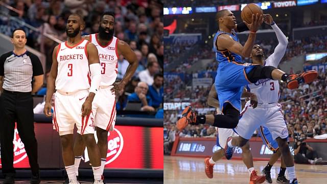 Chris Paul and James Harden (L), Chris Paul and Russell Westbrook (R)