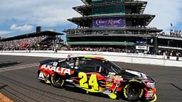 NASCAR Sprint Cup Series driver Jeff Gordon (24) wins the Crown Royal Brickyard 400 at Indianapolis Motor Speedway.