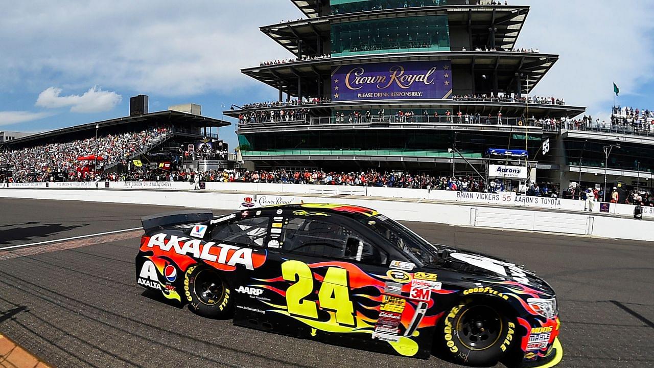 NASCAR Sprint Cup Series driver Jeff Gordon (24) wins the Crown Royal Brickyard 400 at Indianapolis Motor Speedway.