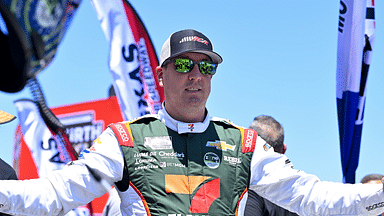May 4, 2025; Fort Worth, Texas, USA; NASCAR Cup Series driver Kyle Busch (8) is introduced before the start of the Wurth 400 race at Texas Motor Speedway. Mandatory Credit: Jerome Miron-Imagn Images