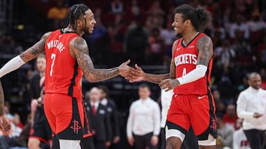 Feb 9, 2025; Houston, Texas, USA; Houston Rockets forward Cam Whitmore (7) and guard Jalen Green (4) celebrate after a play during the fourth quarter against the Toronto Raptors at Toyota Center