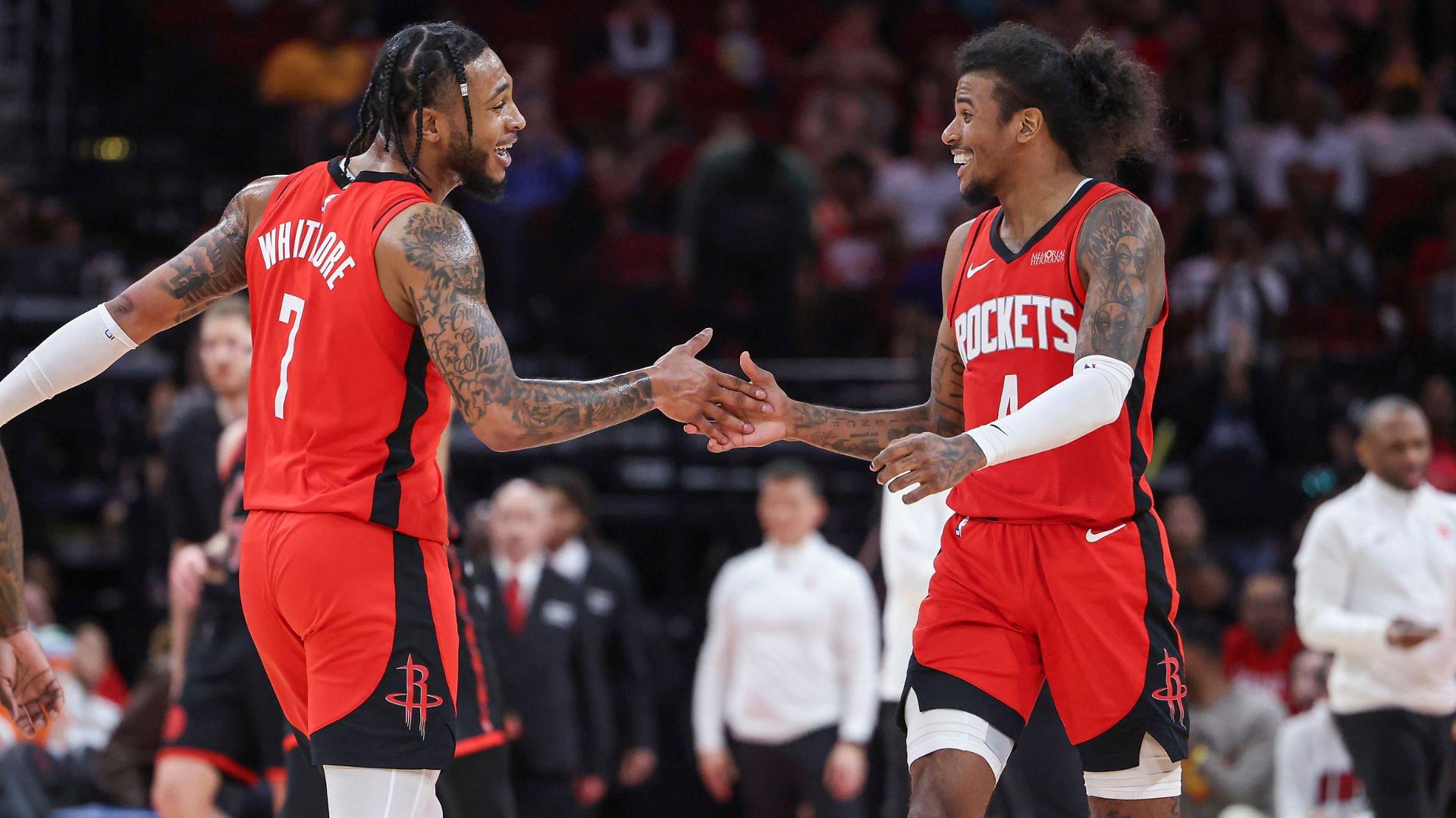 Feb 9, 2025; Houston, Texas, USA; Houston Rockets forward Cam Whitmore (7) and guard Jalen Green (4) celebrate after a play during the fourth quarter against the Toronto Raptors at Toyota Center