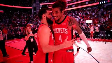 Mar 15, 2025; Houston, Texas, USA; Houston Rockets guard Fred VanVleet (5) congratulates guard Jalen Green (4) following the game against the Chicago Bulls at Toyota Center.