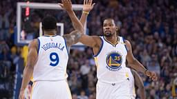 January 4, 2017; Oakland, CA, USA; Golden State Warriors forward Kevin Durant (35) celebrates with forward Andre Iguodala (9) against the Portland Trail Blazers during the first quarter at Oracle Arena.