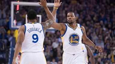 January 4, 2017; Oakland, CA, USA; Golden State Warriors forward Kevin Durant (35) celebrates with forward Andre Iguodala (9) against the Portland Trail Blazers during the first quarter at Oracle Arena.