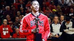 Chicago Bulls point guard Derrick Rose (1) is presented the MVP trophy before game one of the second round of the 2011 NBA playoffs against the Atlanta Hawks at the United Center.