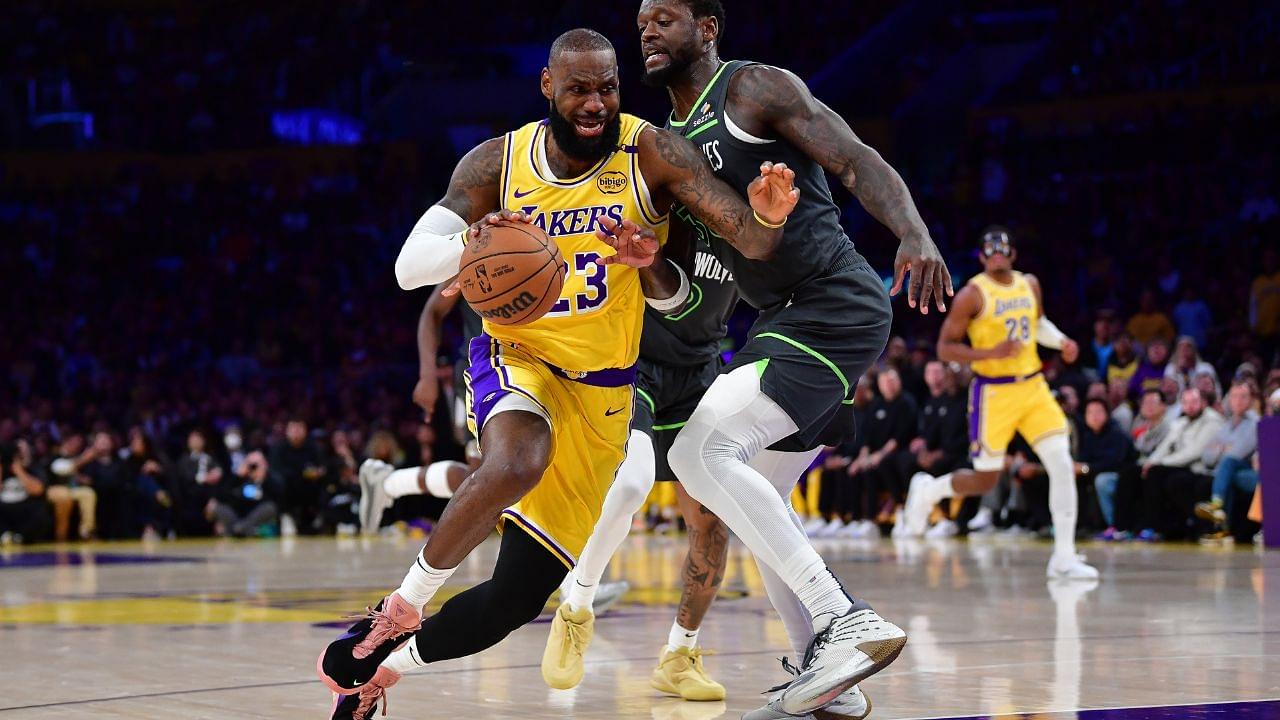 Los Angeles Lakers forward LeBron James (23) moves to the basket against Minnesota Timberwolves forward Julius Randle (30) during the first half in game five of first round for the 2025 NBA Playoffs at Crypto.com Arena.