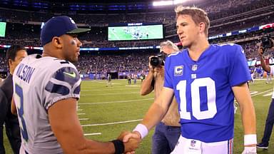 Seattle Seahawks quarterback Russell Wilson (3) shakes hands with New York Giants quarterback Eli Manning (10) after a game at MetLife Stadium.