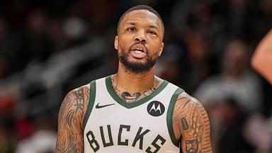 Mar 4, 2025; Atlanta, Georgia, USA; Milwaukee Bucks guard Damian Lillard (0) shown with his eye swollen after being injured earlier in the game against the Atlanta Hawks during the second half at State Farm Arena.