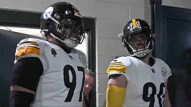 Pittsburgh Steelers defensive tackle Cameron Heyward (97) and linebacker T.J. Watt (90) in the tunnel against the Philadelphia Eagles at Lincoln Financial Field.