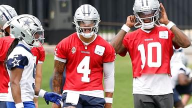 Dallas Cowboys quarterback Dak Prescott (4) reacts during a practice drill at the Ford Center at the Star Training Facility in Frisco, Texas.