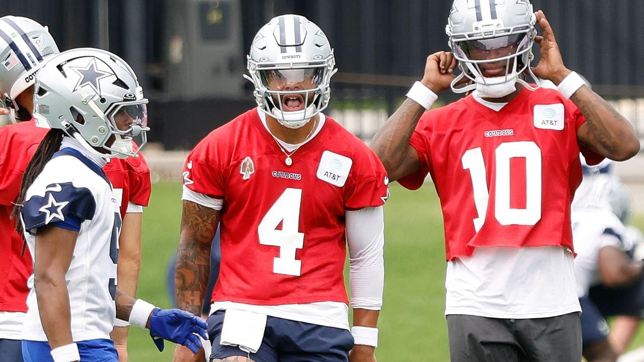 Dallas Cowboys quarterback Dak Prescott (4) reacts during a practice drill at the Ford Center at the Star Training Facility in Frisco, Texas.