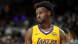 Jul 10, 2025; Las Vegas, NV, USA; Los Angeles Lakers guard Bronny James (9) looks on in the fourth quarter against the Dallas Mavericks at Thomas & Mack Center