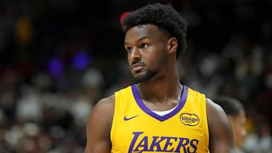 Jul 10, 2025; Las Vegas, NV, USA; Los Angeles Lakers guard Bronny James (9) looks on in the fourth quarter against the Dallas Mavericks at Thomas & Mack Center