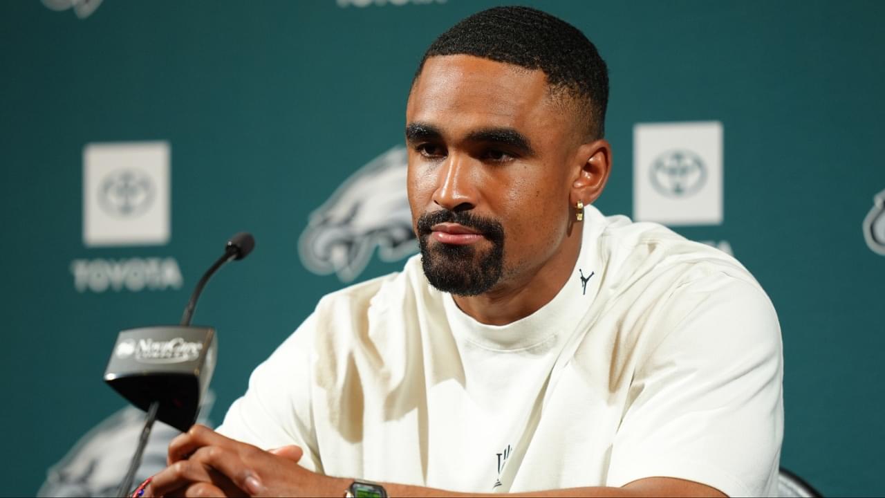Philadelphia Eagles quarterback Jalen Hurts (1) addresses media during a press conference at NovaCare Complex.