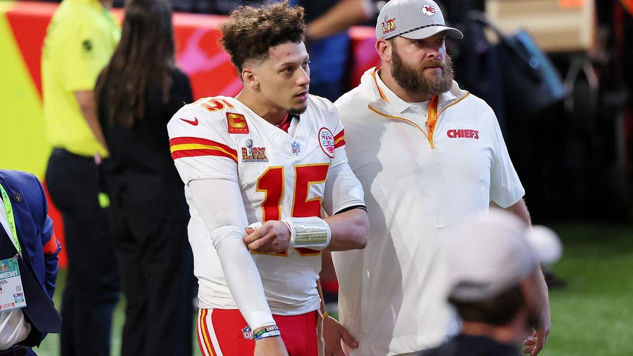 Kansas City Chiefs quarterback Patrick Mahomes (15) walks off the field after losing against the Philadelphia Eagles in Super Bowl LIX at Caesars Superdome.
