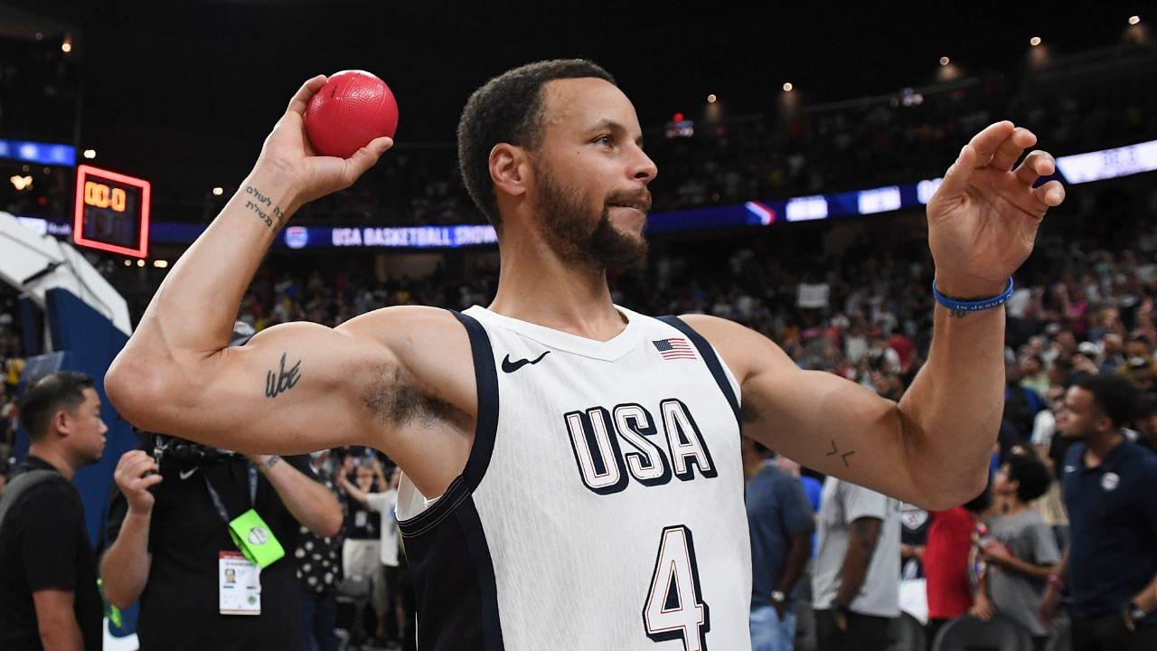 USA guard Steph Curry (4) throws a ball to the fans after defeating Canada in the USA Basketball Showcase at T-Mobile Arena.