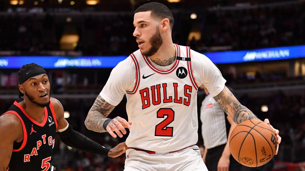Chicago Bulls guard Lonzo Ball (2) controls the ball during a game against the Toronto Raptors at the United Center.