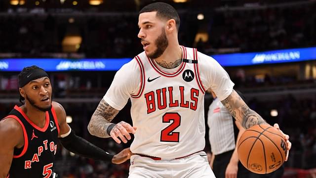 Chicago Bulls guard Lonzo Ball (2) controls the ball during a game against the Toronto Raptors at the United Center.